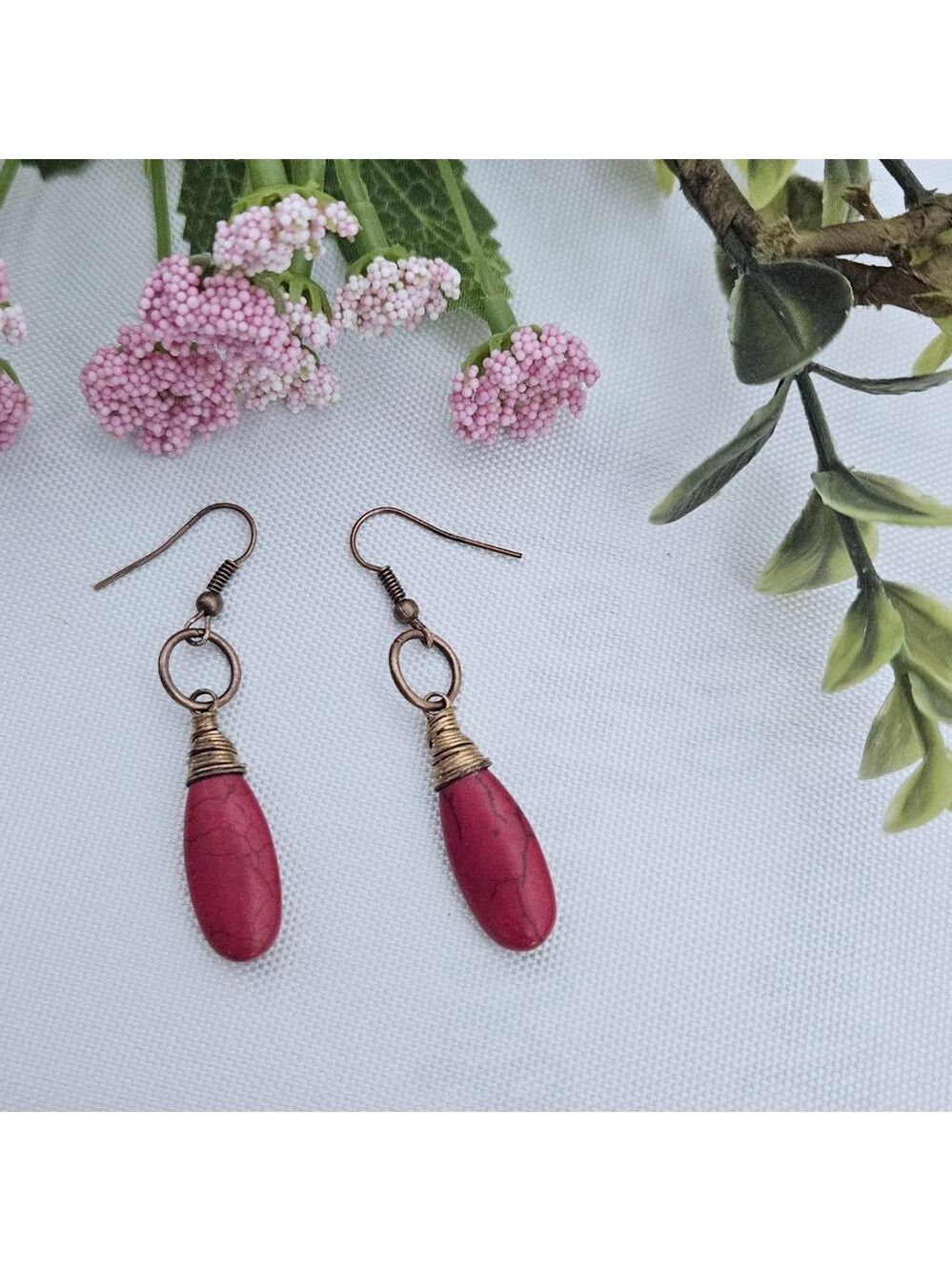 Red Turquoise Stone Dangle Earrings Rustic Copper - Picture 1 of 3